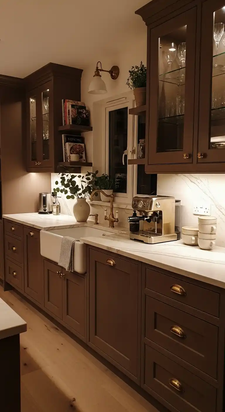 A cozy kitchen featuring mocha brown cabinets 1