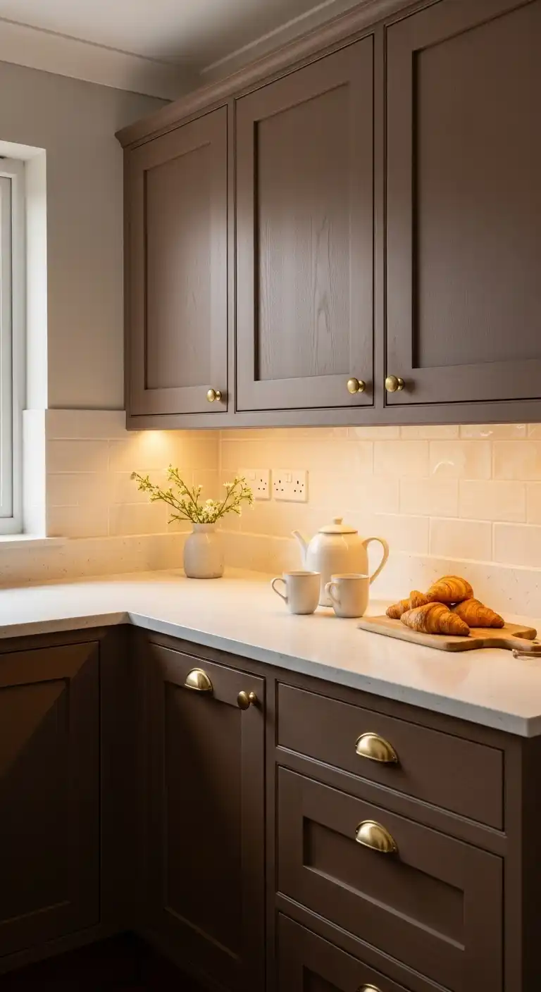 A cozy kitchen featuring mocha brown cabinets