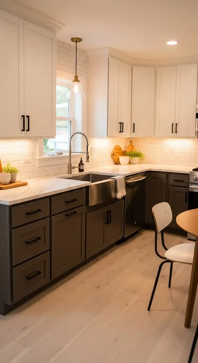 A cozy, modern kitchen showcasing two-tone cabinetry