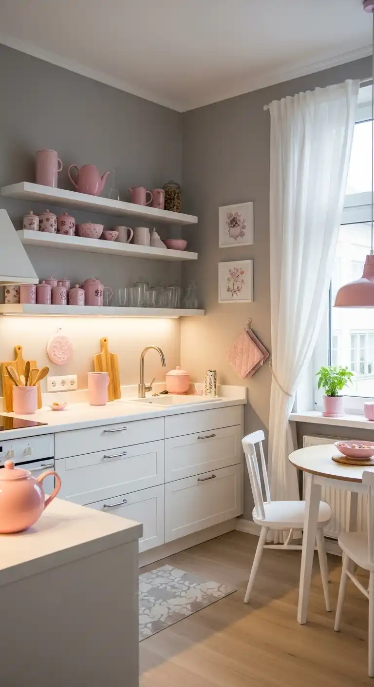 A cozy modern kitchen with dove gray walls and pastel pink accessories