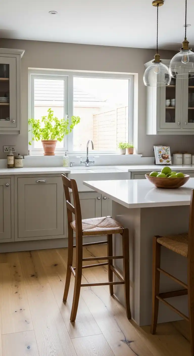 A cozy taupe kitchen with white countertops and soft green cabinets