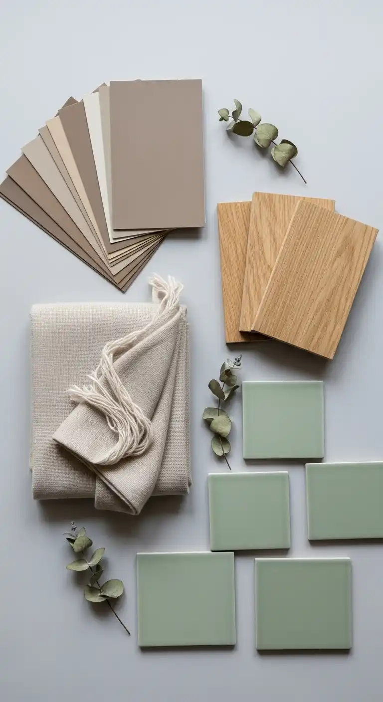 A flat-lay mood board featuring taupe paint swatches