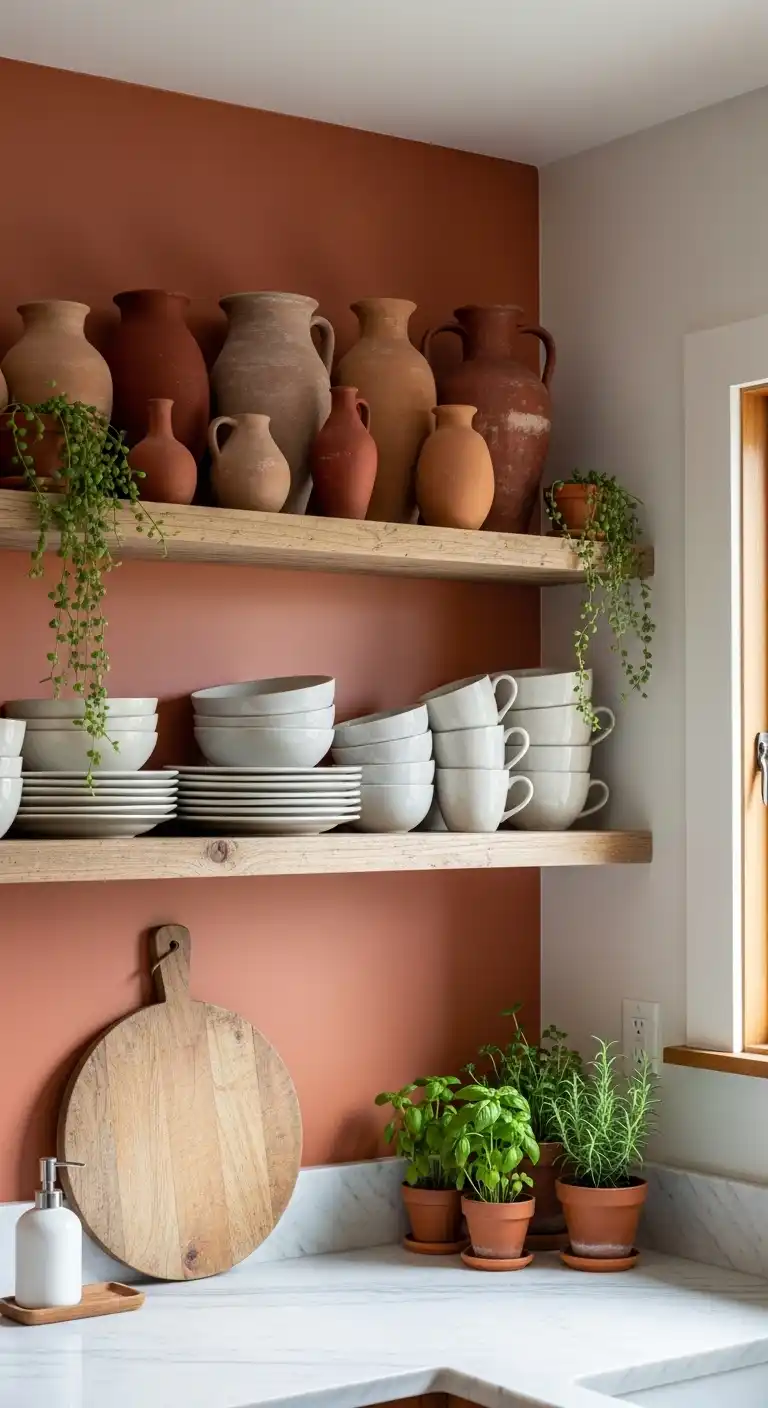 A kitchen corner featuring a terracotta-painted accent wall