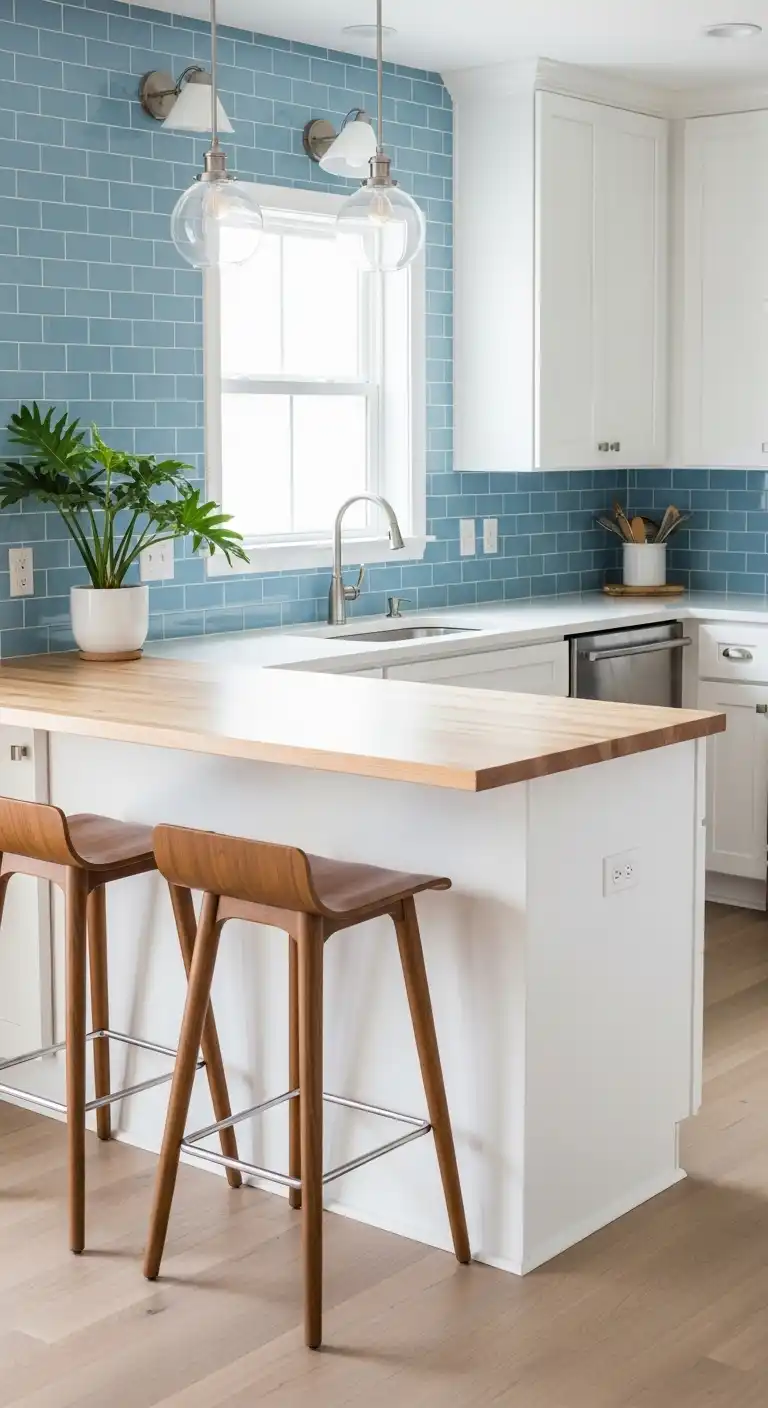 A kitchen featuring a sky blue backsplash