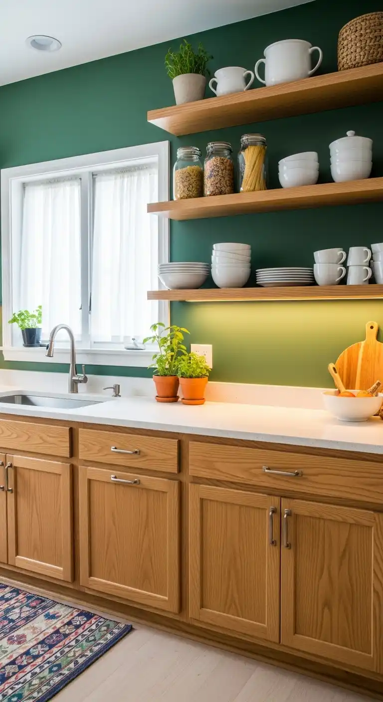 A kitchen layout featuring an emerald green accent wall behind open shelving