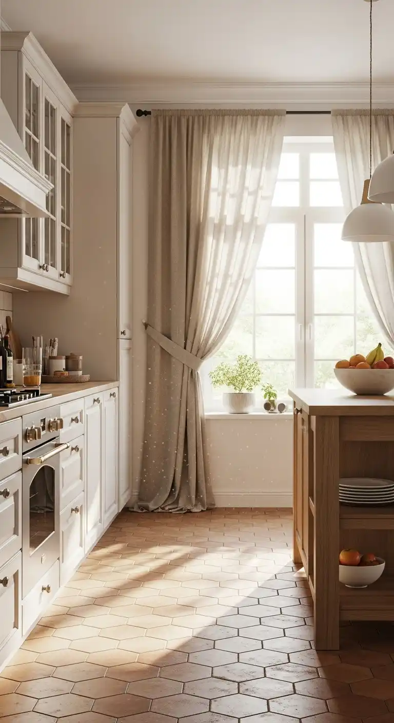 A light-filled kitchen with terracotta hexagon tile flooring