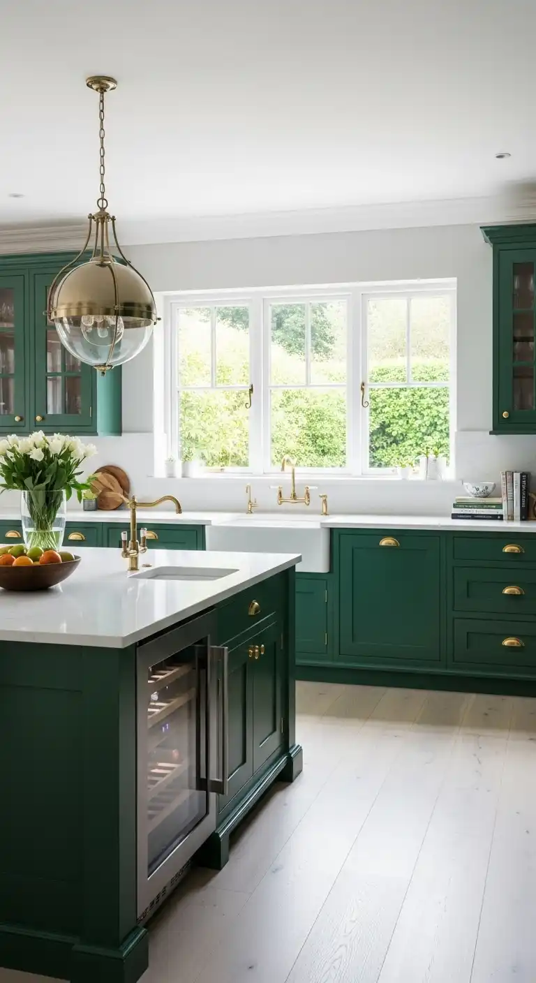 A luxurious kitchen with emerald green cabinetry
