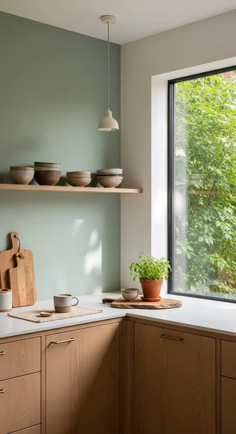 A minimalist kitchen corner showcasing a sage green accent walls