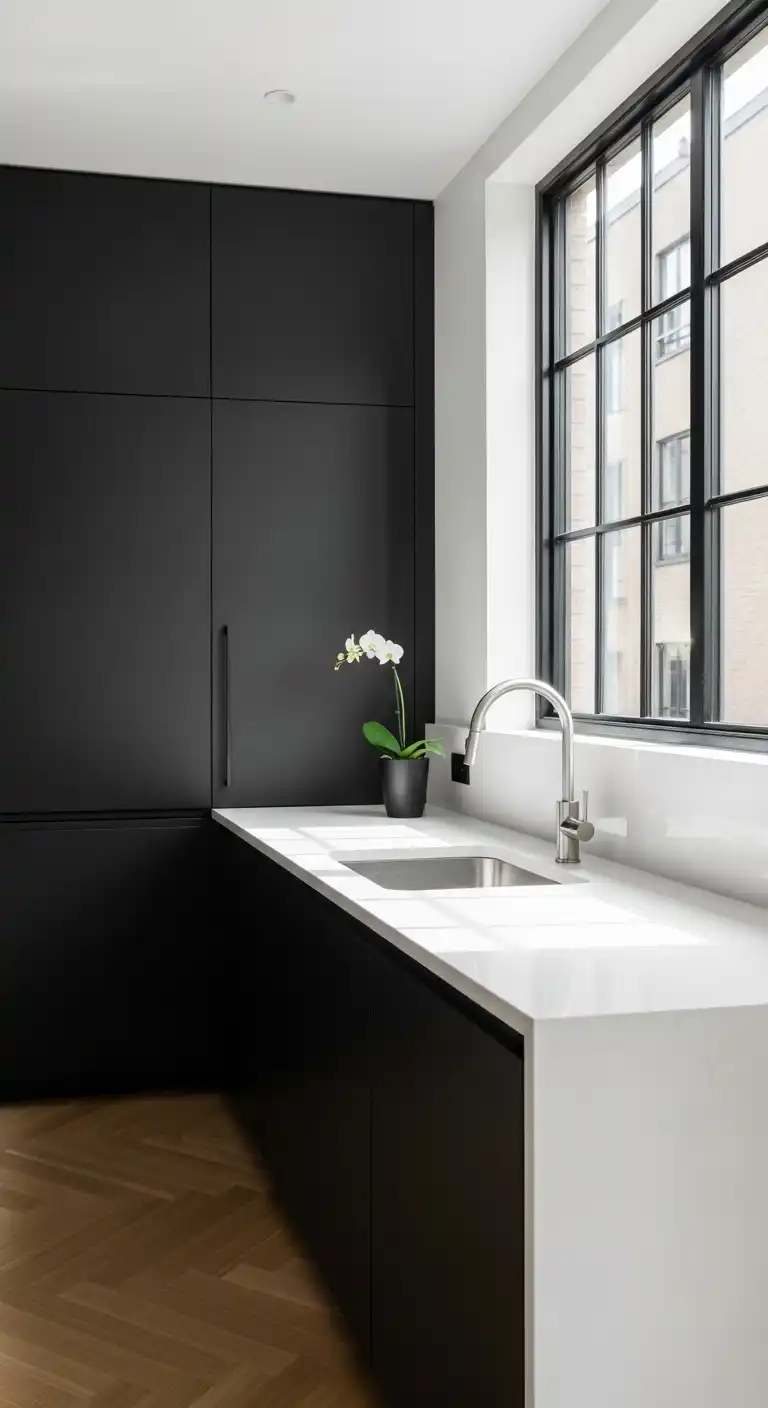 A minimalist kitchen featuring matte black flat-panel cabinets