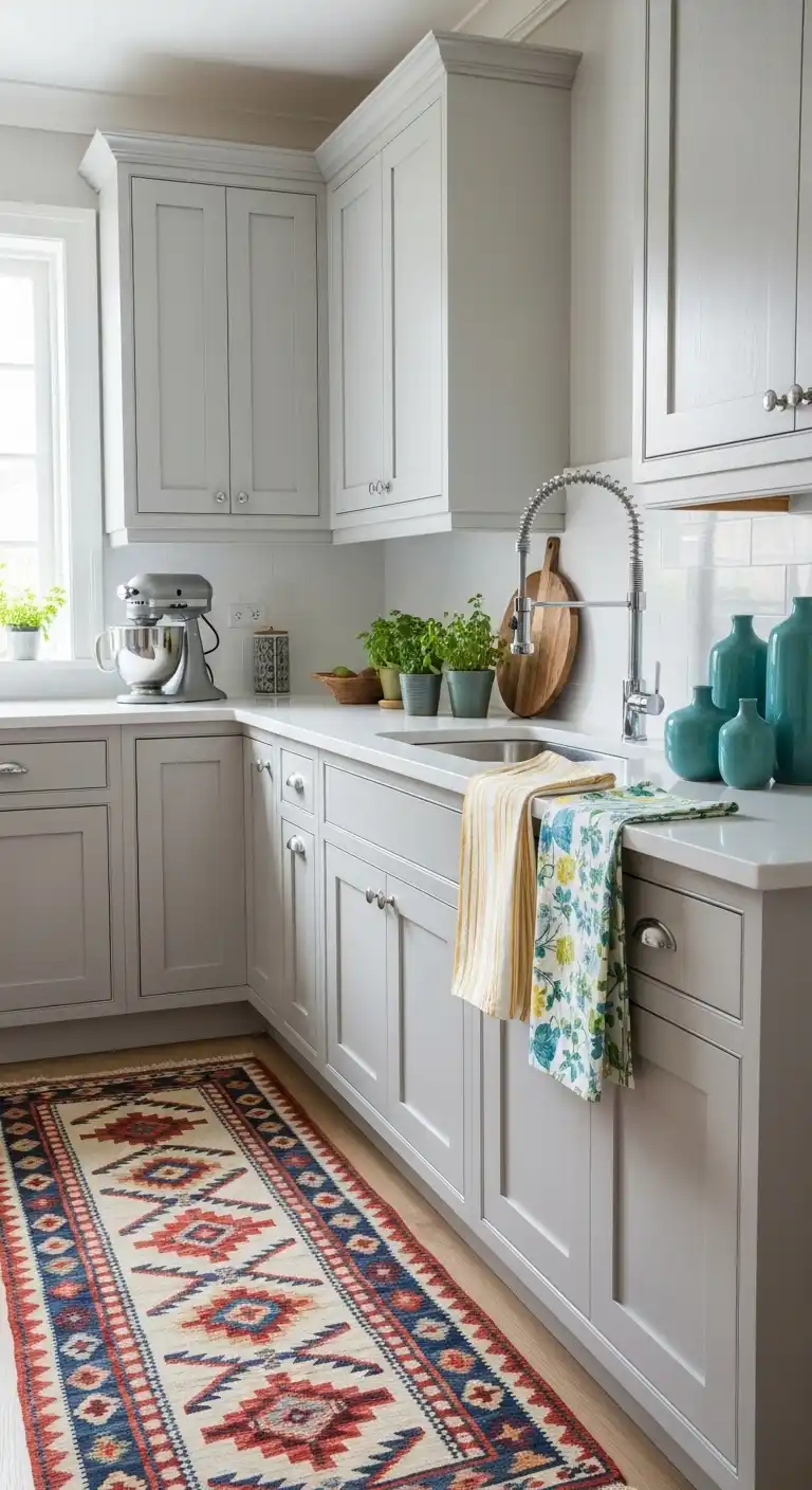 A modern kitchen corner showcasing pale gray painted cabinets