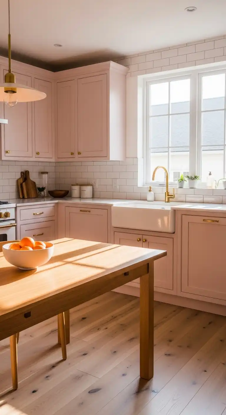 A modern kitchen featuring blush pink shaker cabinets