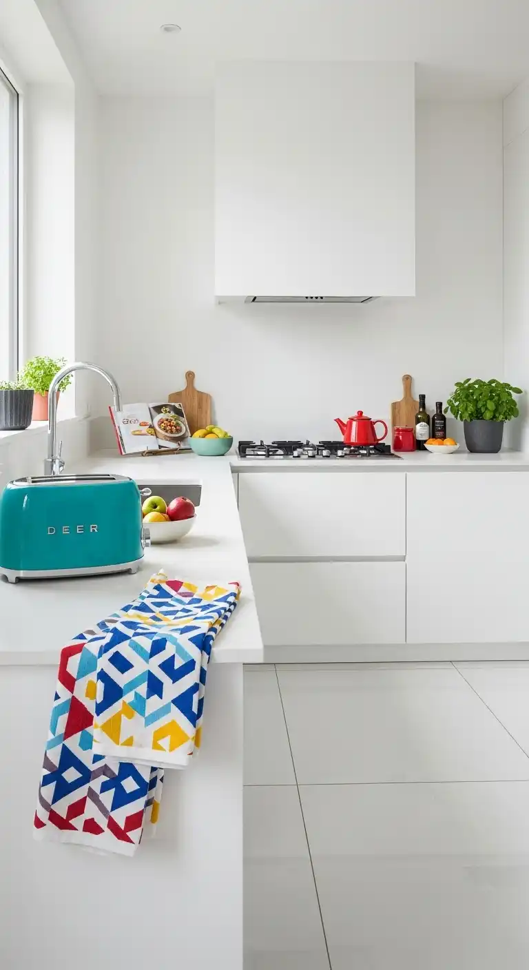 A modern kitchen featuring white walls and flooring