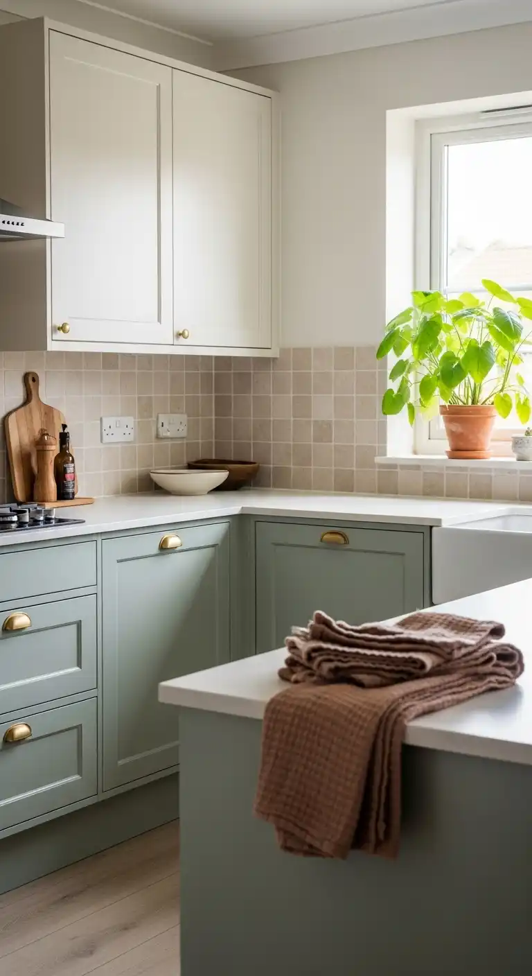 A modern kitchen makeover in progress sage green lower cabinets with sleek brass pull