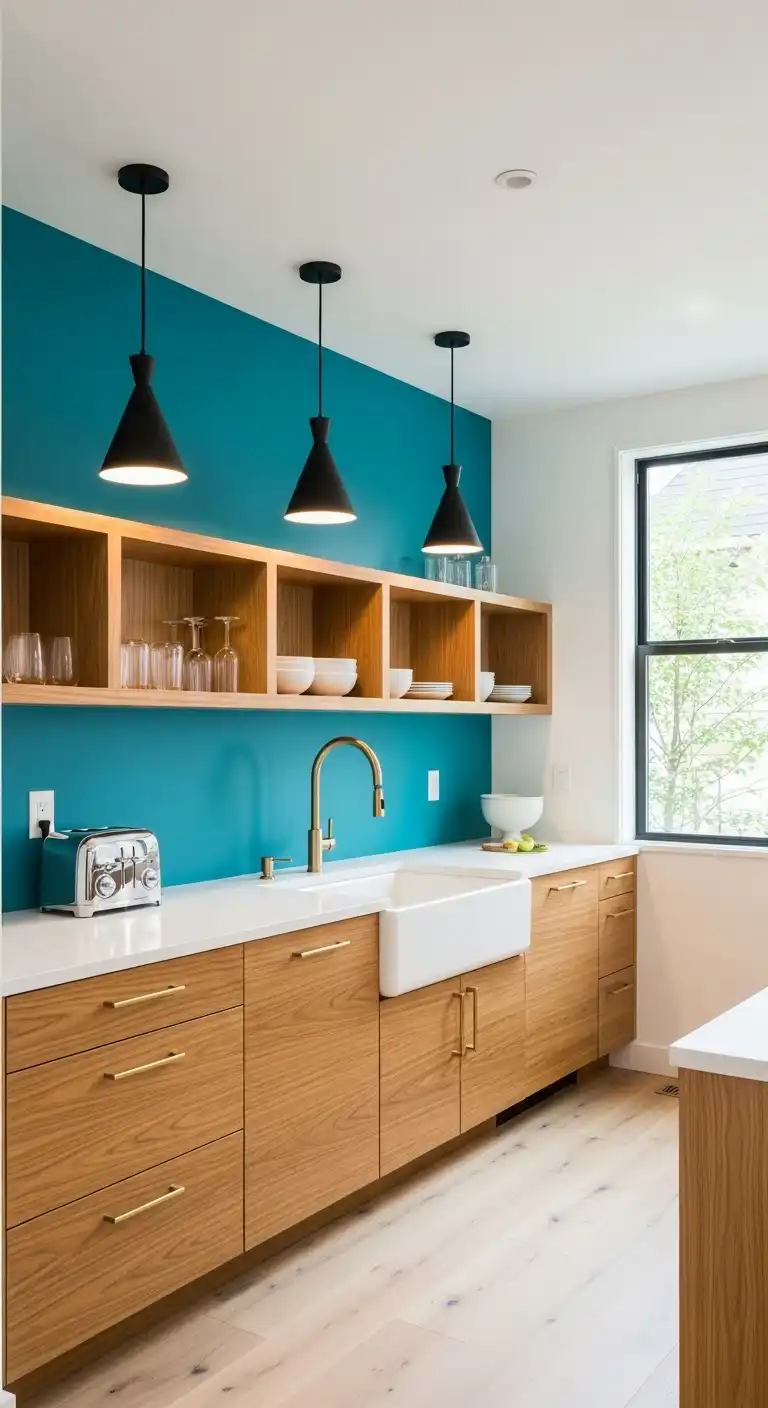 A modern kitchen with a teal accent wall behind open shelving