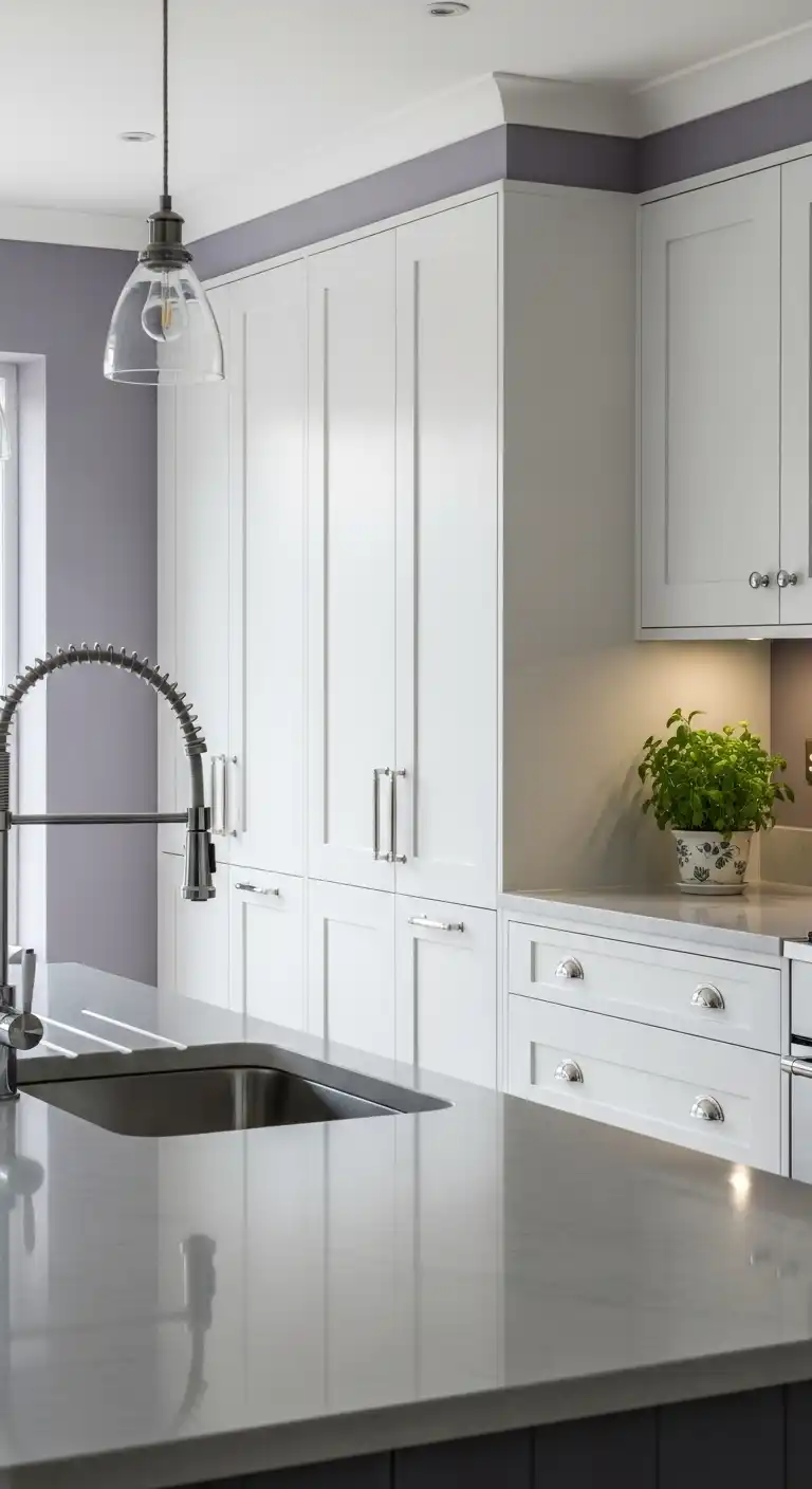 A modern kitchen with muted lavender walls 1