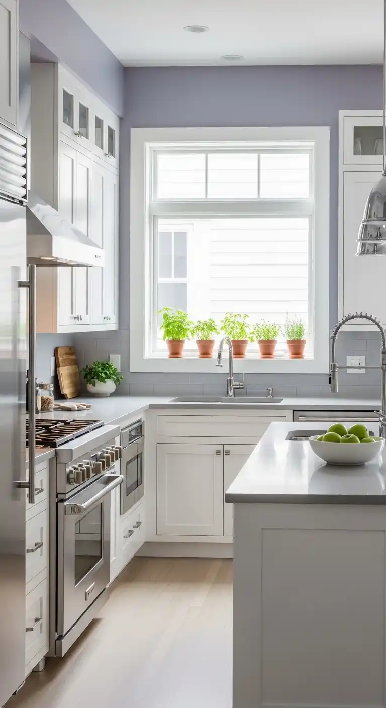 A modern kitchen with muted lavender walls