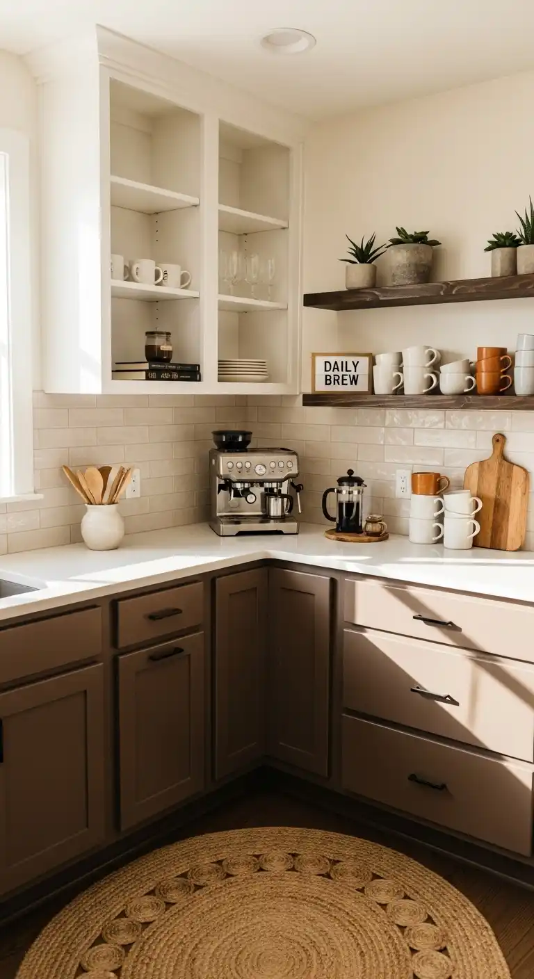 A modern rustic kitchen with mocha brown lower cabinet
