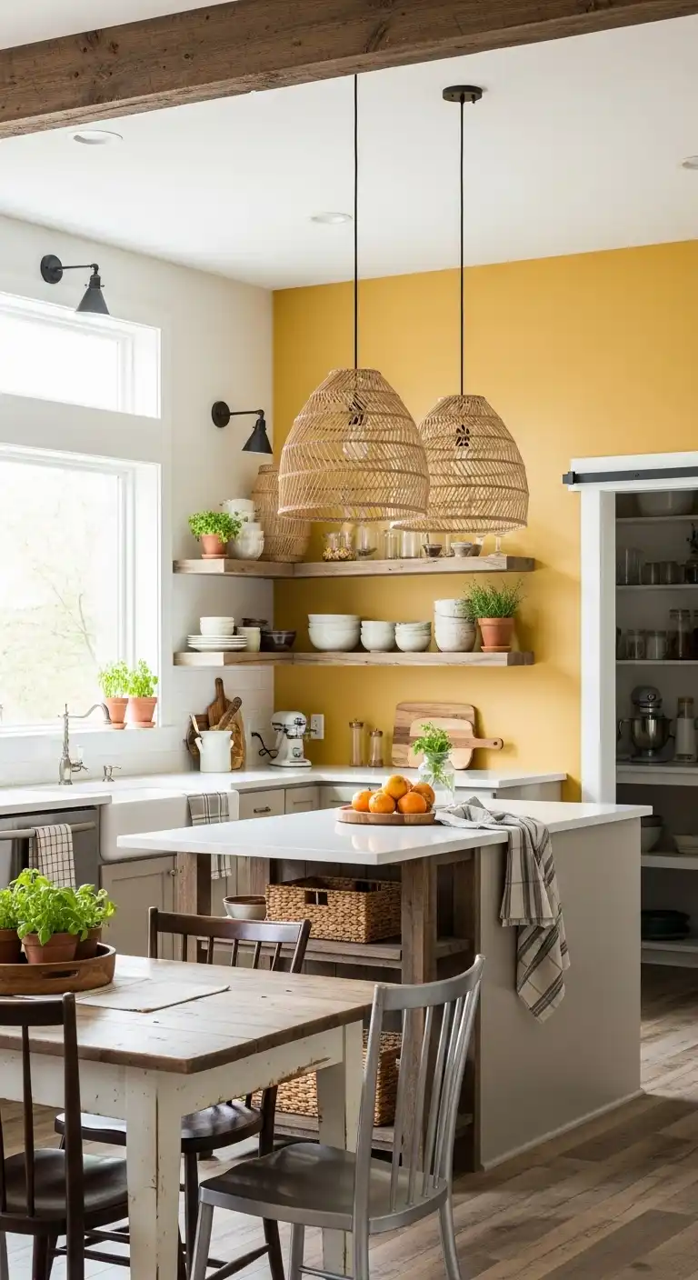A modern rustic kitchen with one accent wall painted mustard yellow