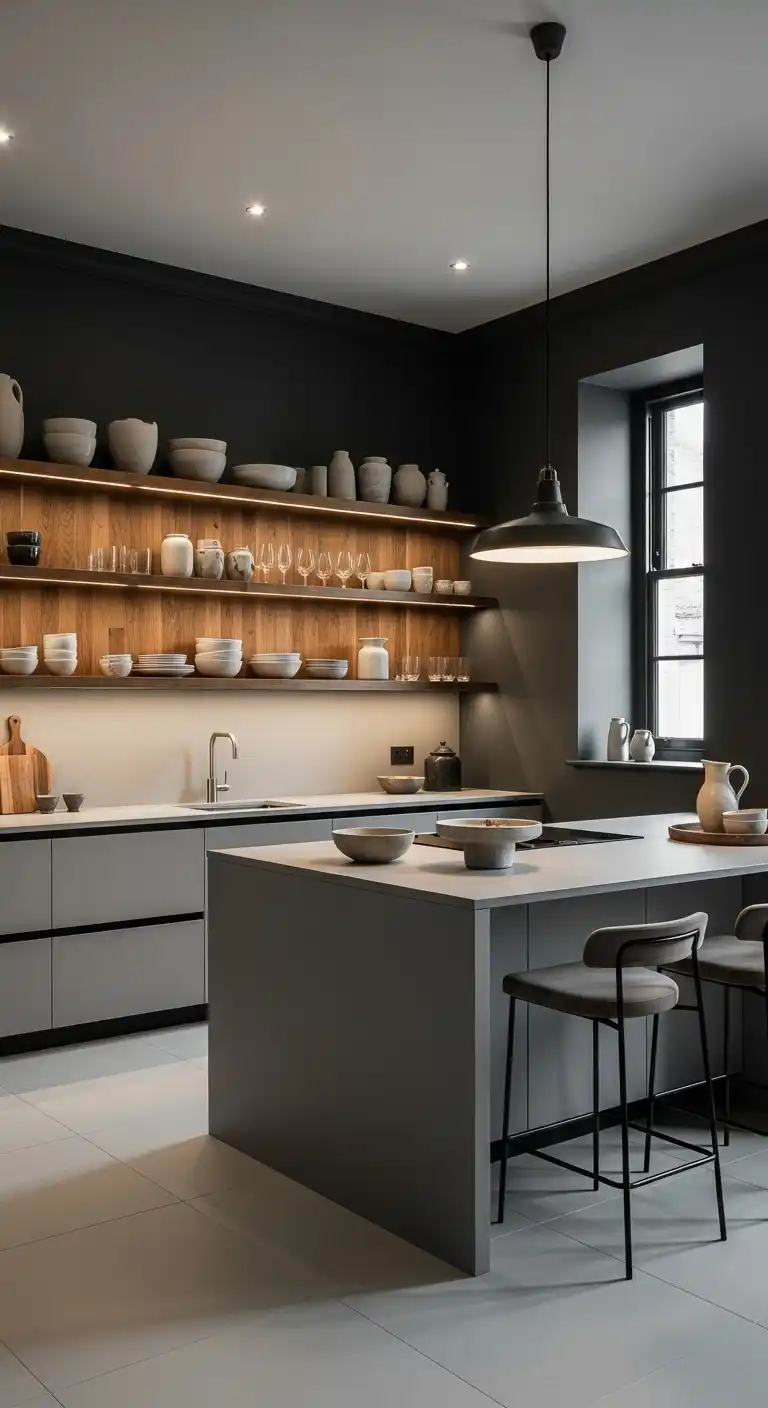 A refined kitchen with deep charcoal walls, open wood shelving