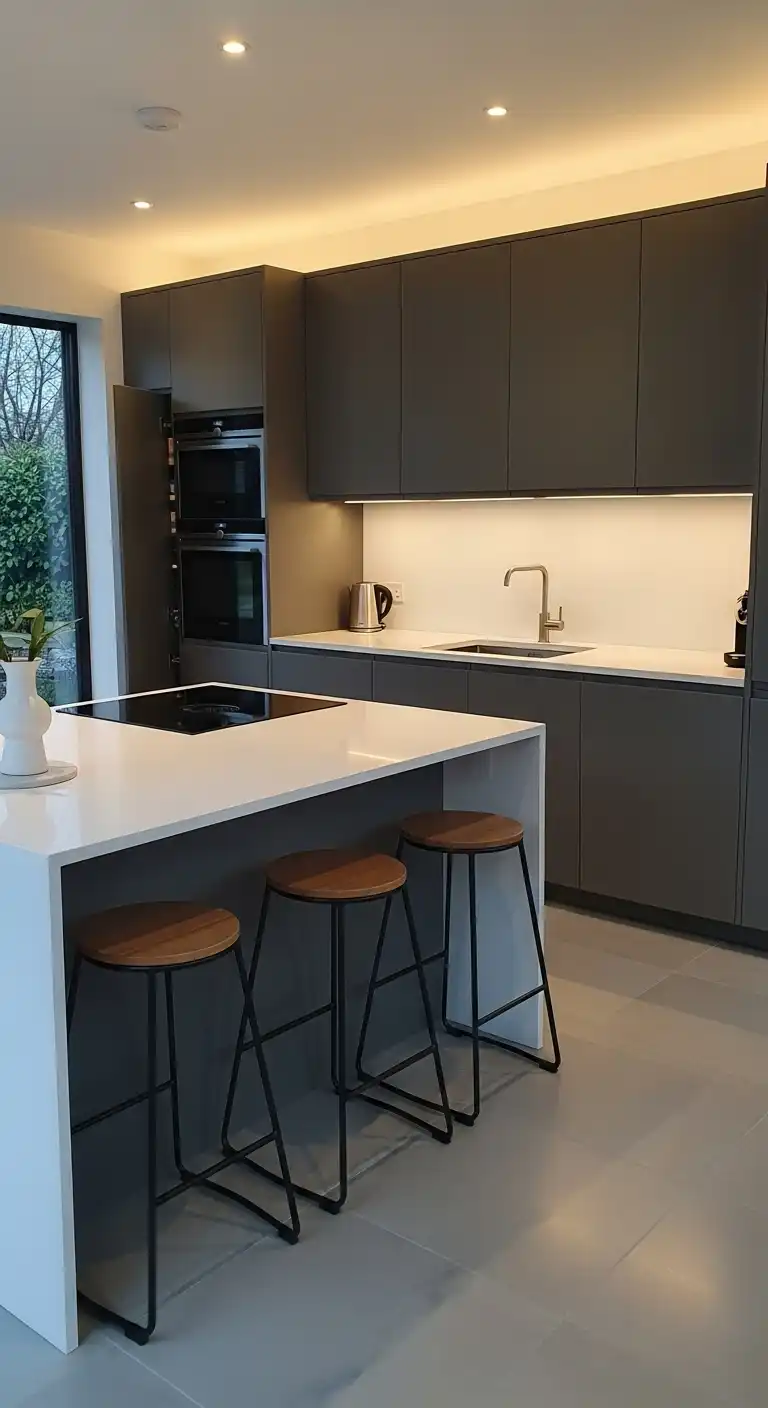 A sleek, modern kitchen featuring matte charcoal gray cabinets