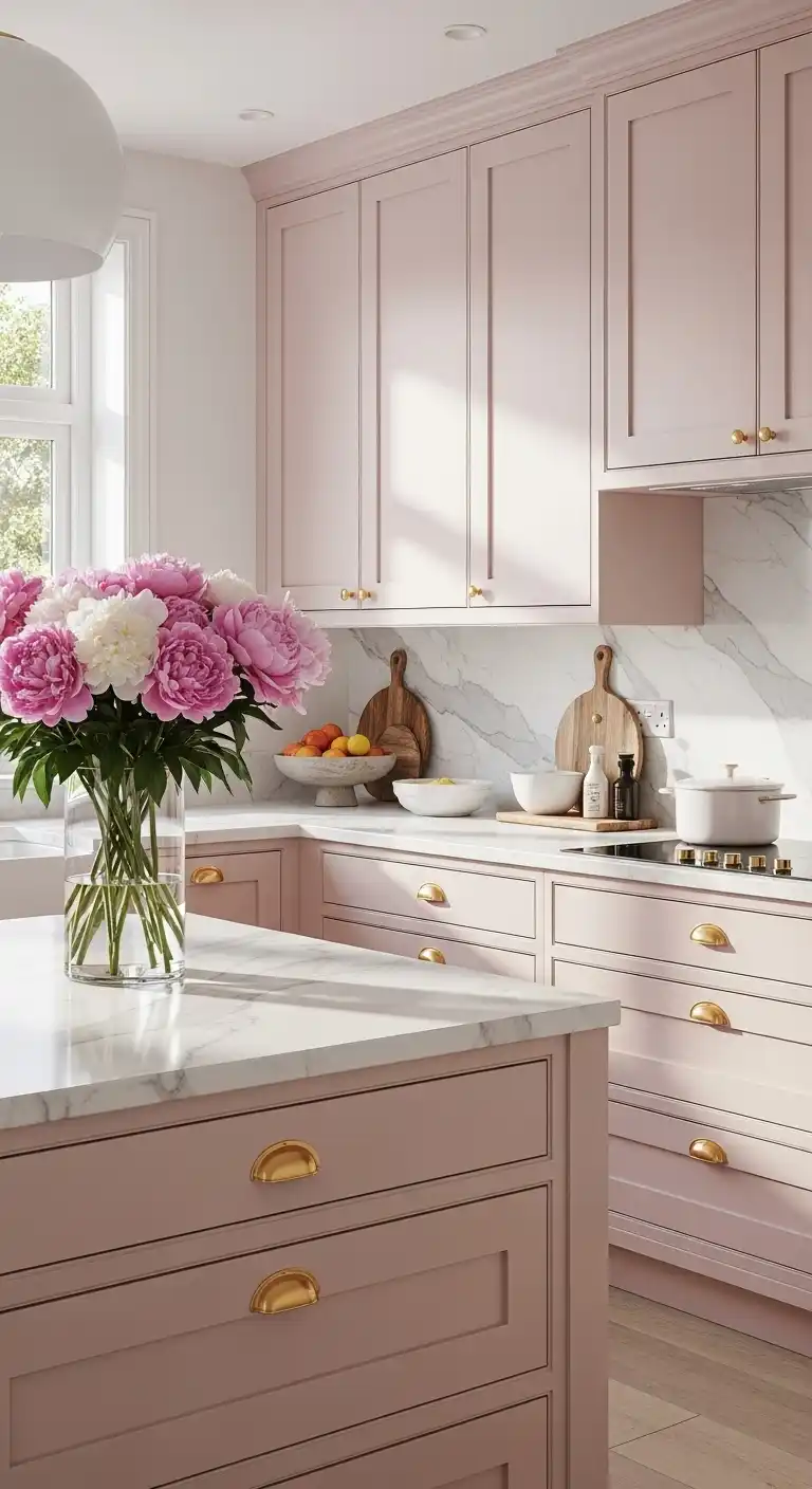 A soft blush pink kitchen with matte cabinets 1