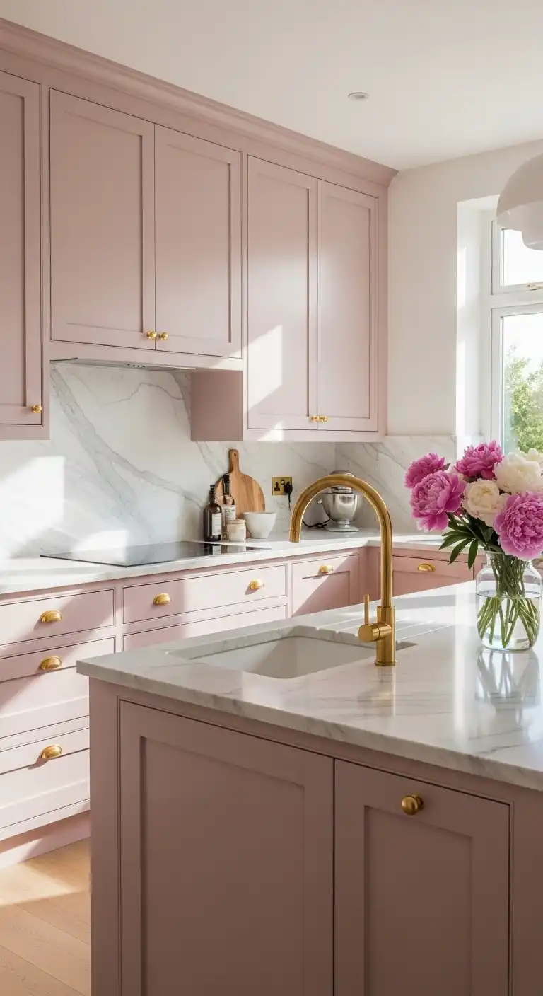 A soft blush pink kitchen with matte cabinets
