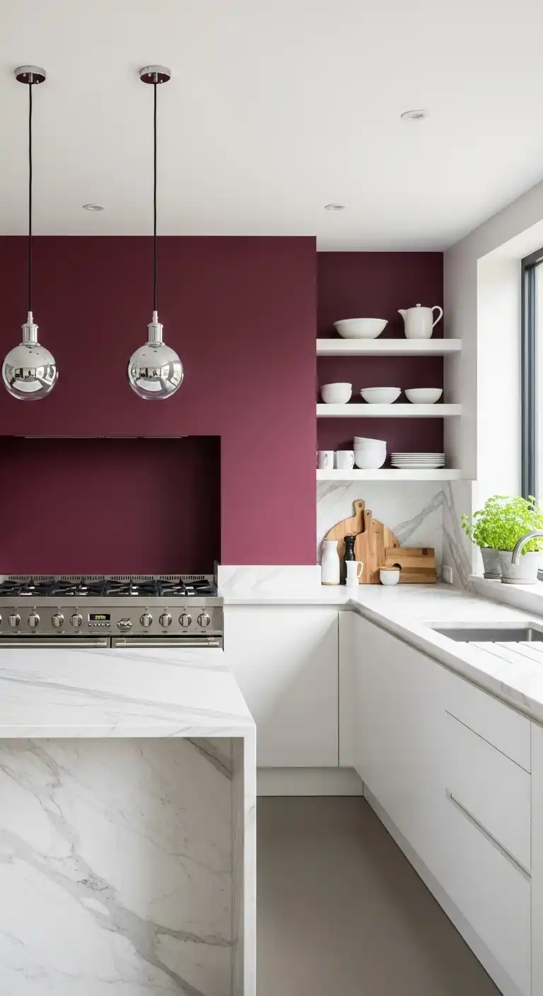 A wide kitchen shot showing a burgundy accent wall