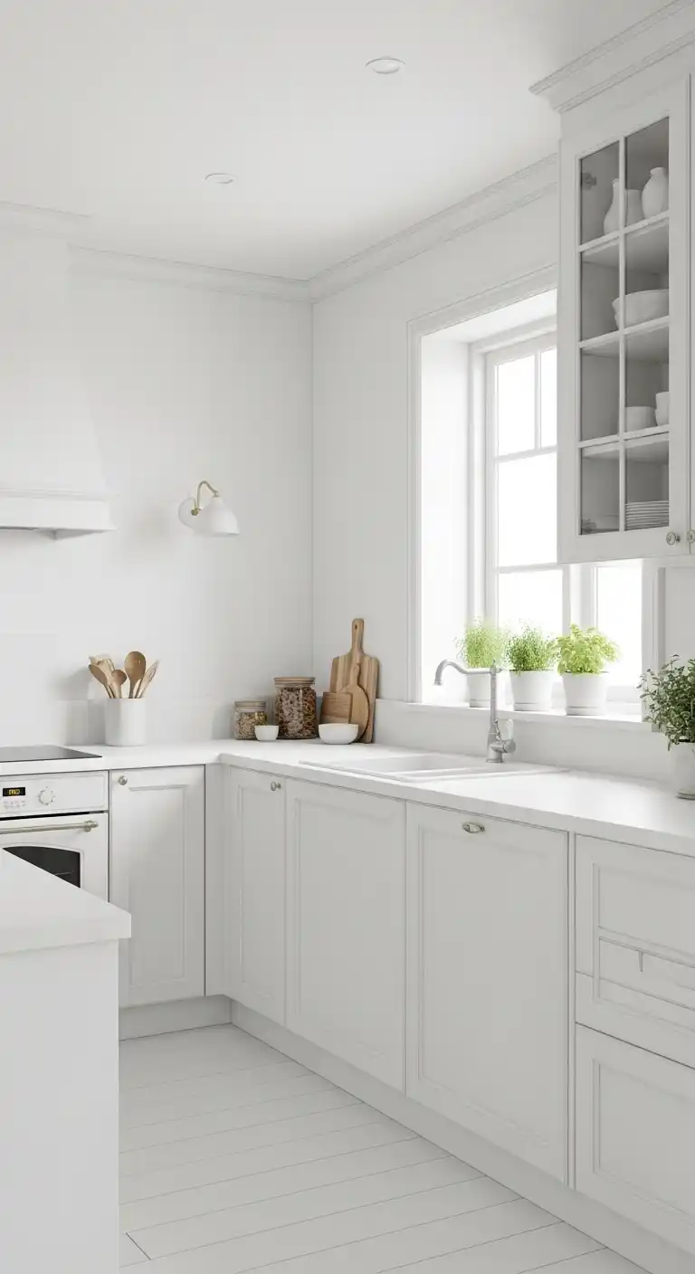 An empty white kitchen space with soft natural lighting