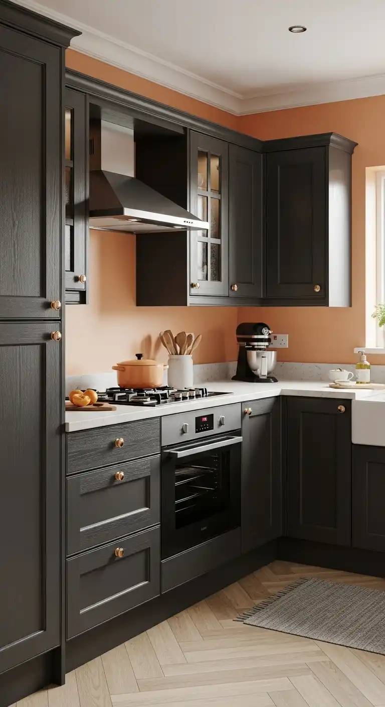 Timeless Style: 18 Evergreen Food Kitchen Cabinet Color Combinations 14 Charcoal Gray and Warm Apricot