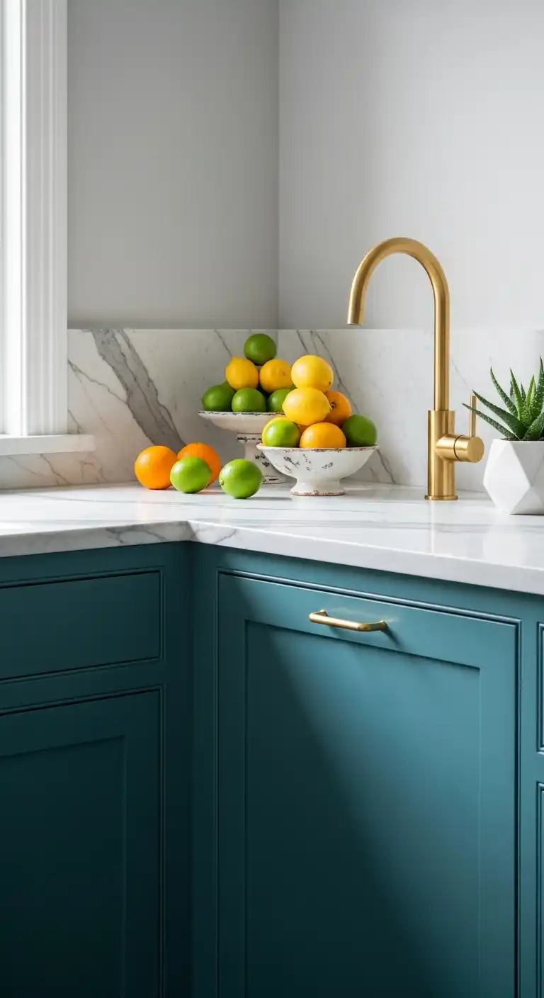 Close-up of a stylish kitchen corner with teal-painted lower cabinets