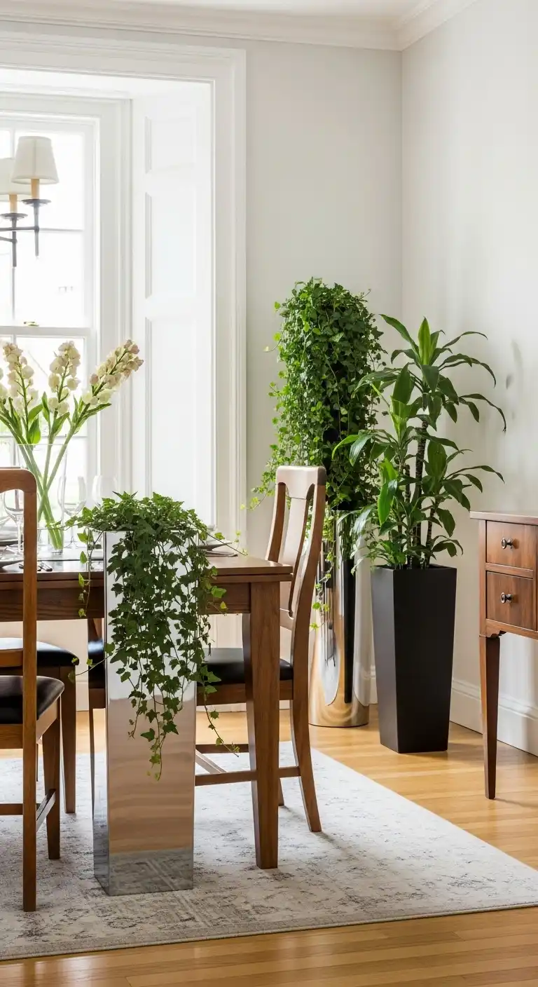 Corner Greenery Accents in Metallic Planters