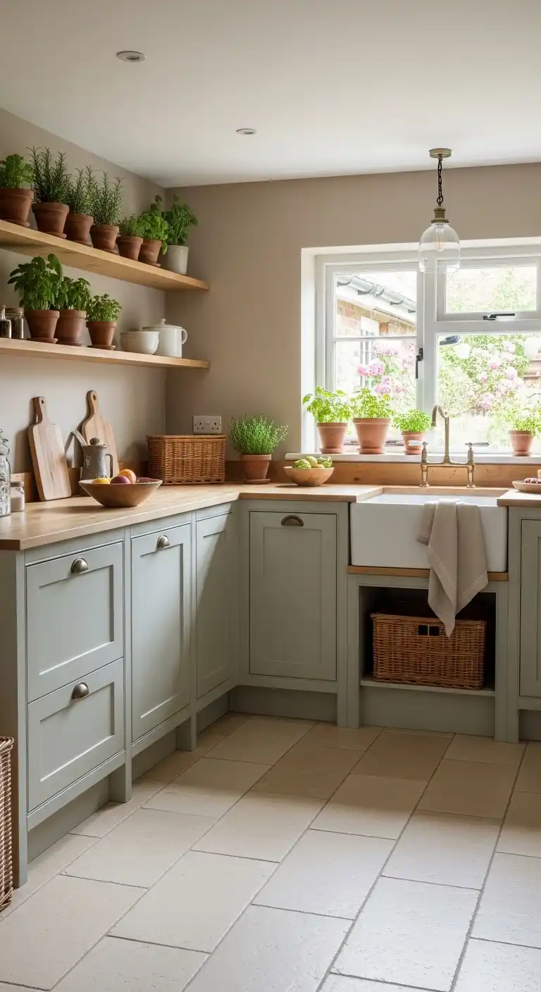 Earthy neutral kitchen walls paired with soft sage green cabinets