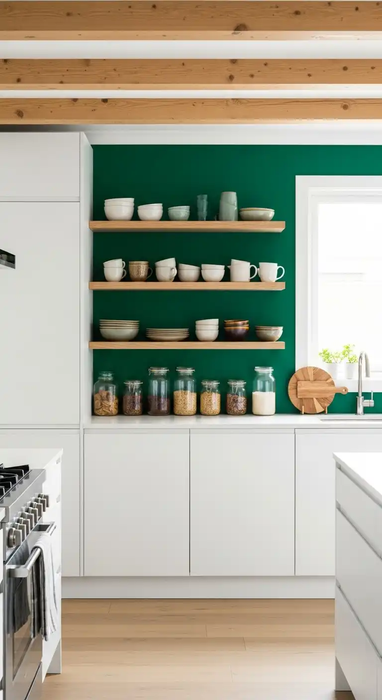 Forest Green Feature Wall and Natural Wood Element