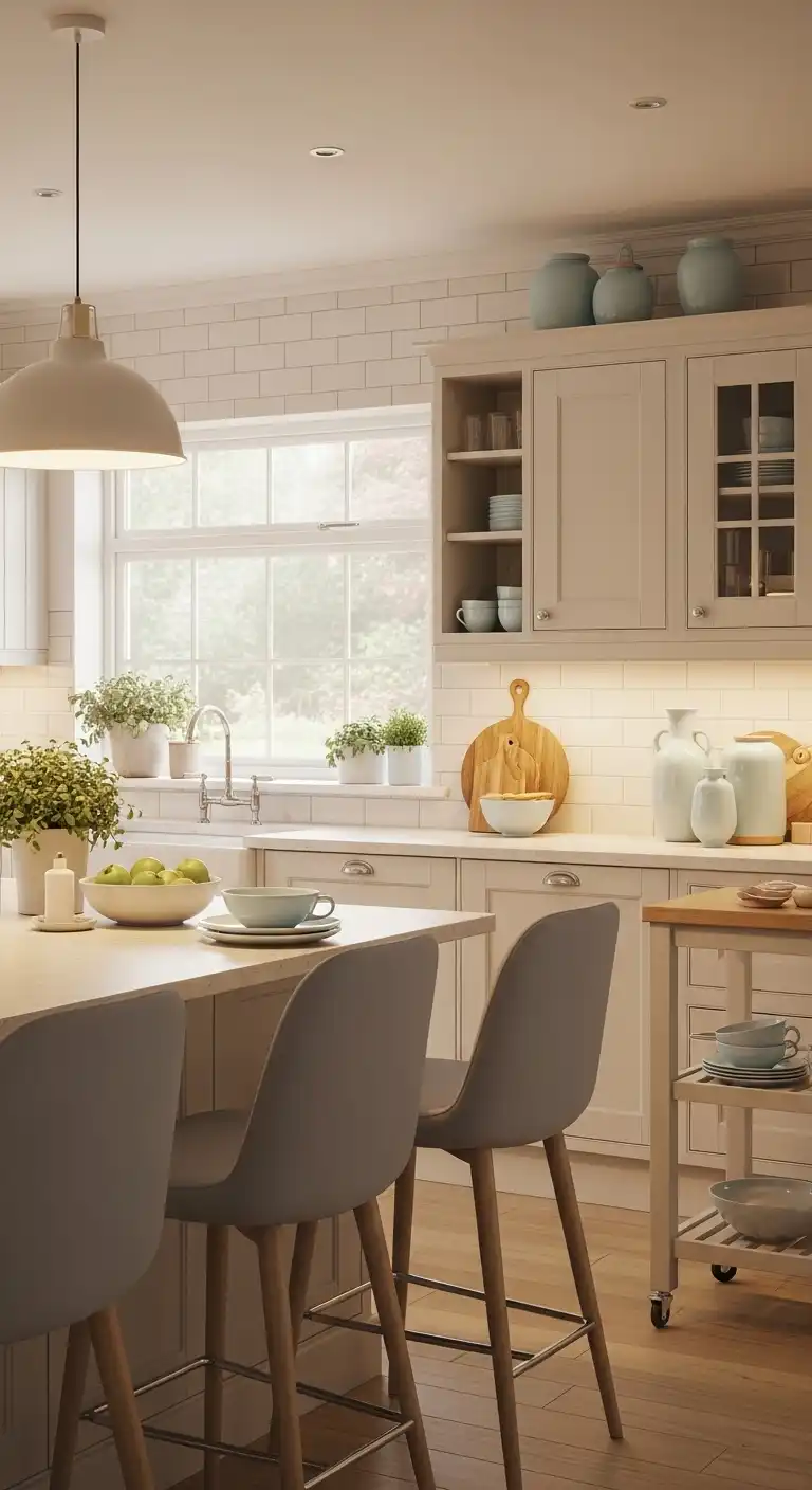 Ivory Kitchen with Warm Lighting and Pastel Accents
