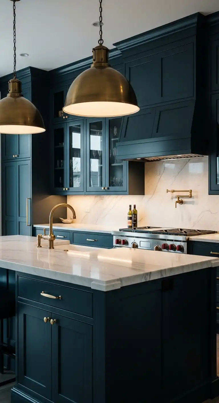 Luxurious Midnight Blue Cabinets with Gold Hardware 1