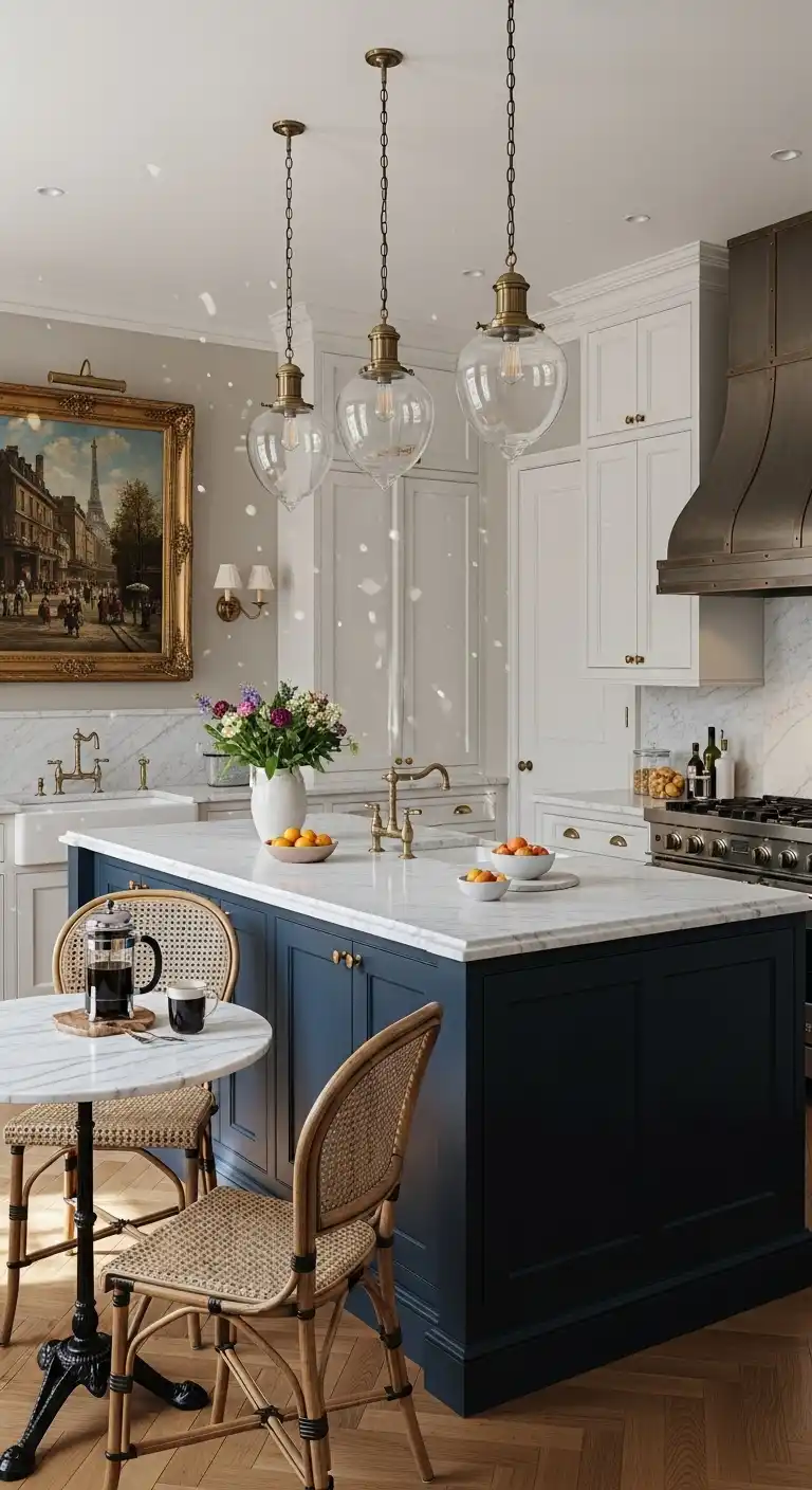 Midnight Blue Kitchen Island in Parisian-Inspired Space