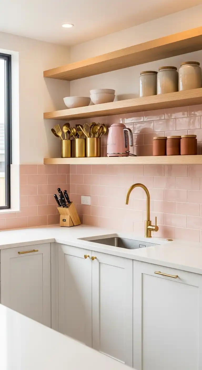 Modern kitchen space with blush pink tile backsplash 1