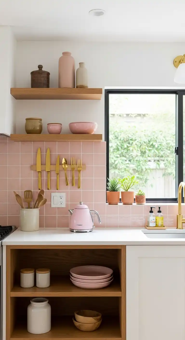 Modern kitchen space with blush pink tile backsplash