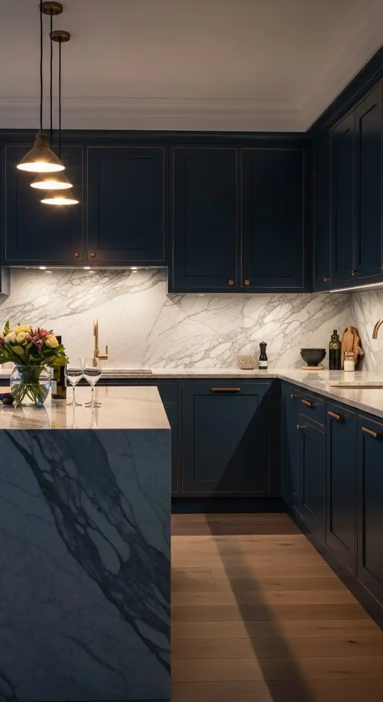 Moody Blue Kitchen with Marble Countertops and Ambient Lighting 1