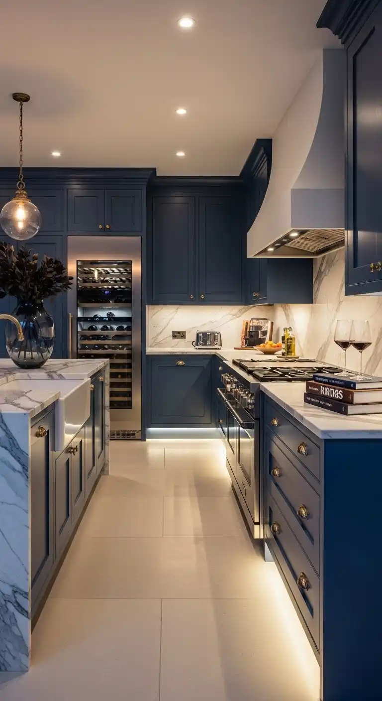 Moody Blue Kitchen with Marble Countertops and Ambient Lighting