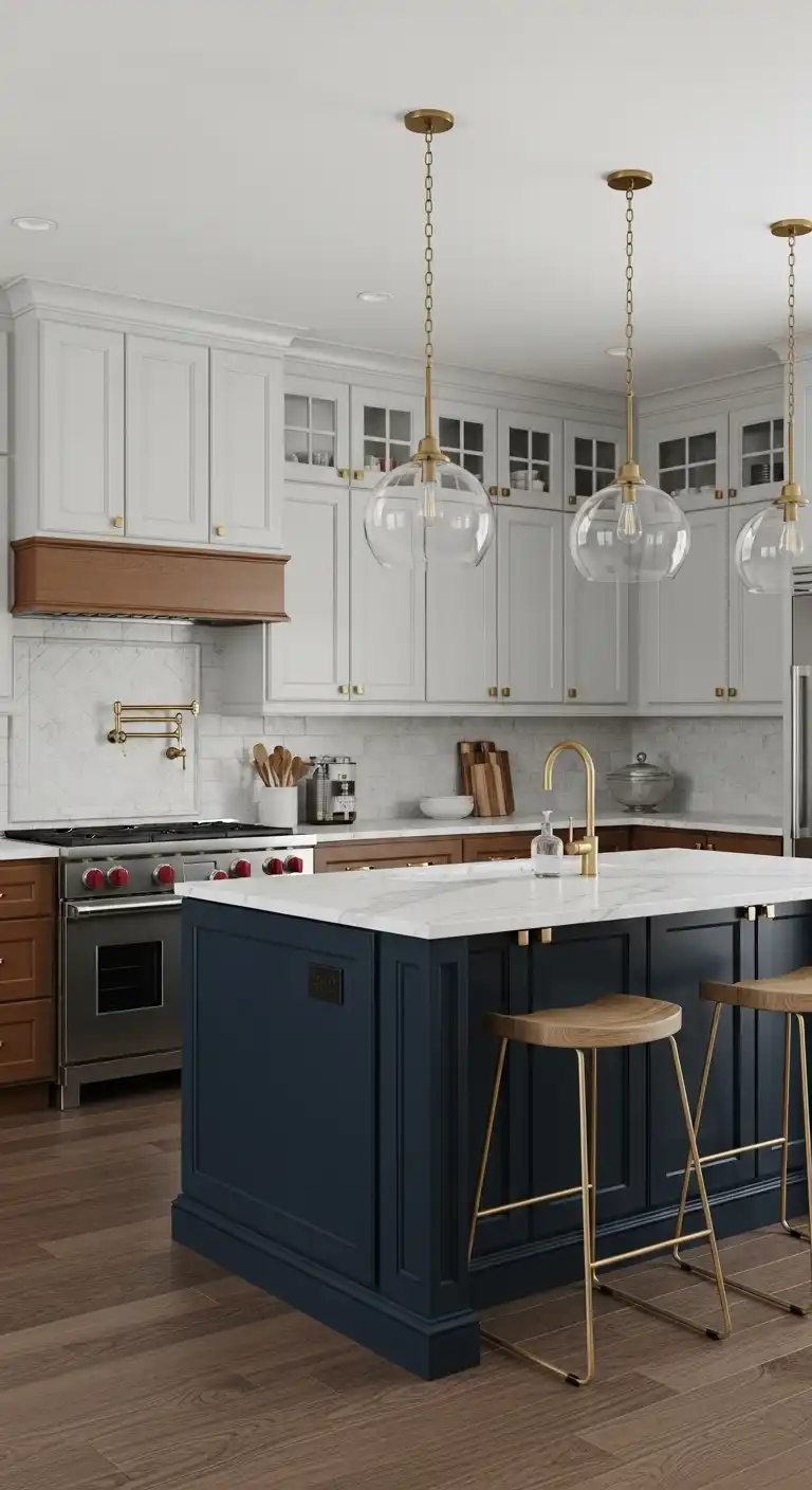 Kitchen Color Ideas for Brown Cabinets: 23 Stylish Choices 4 Navy Blue Island for Bold Sophistication