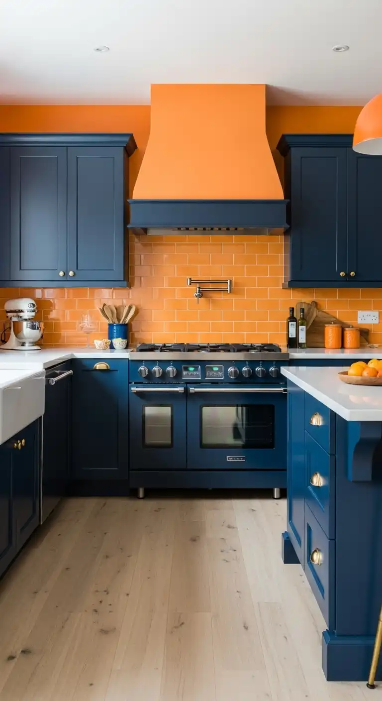 Timeless Style: 18 Evergreen Food Kitchen Cabinet Color Combinations 10 Navy Blue and Warm Saffron