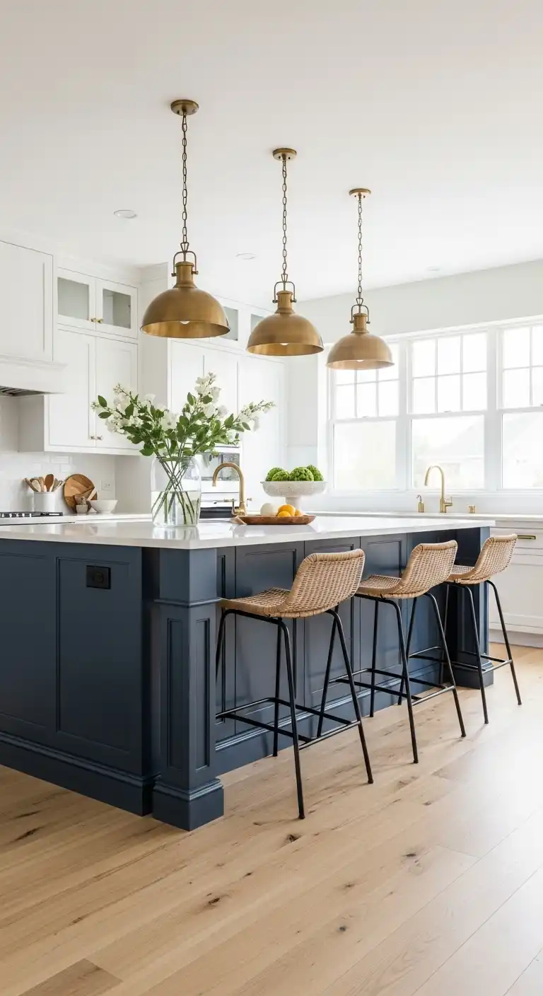 Navy blue kitchen island with panel detailing, brass pendant lighting above