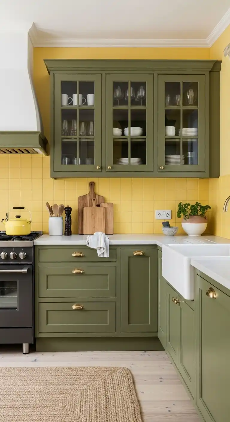 Timeless Style: 18 Evergreen Food Kitchen Cabinet Color Combinations 4 Olive Green and Buttery Yellow