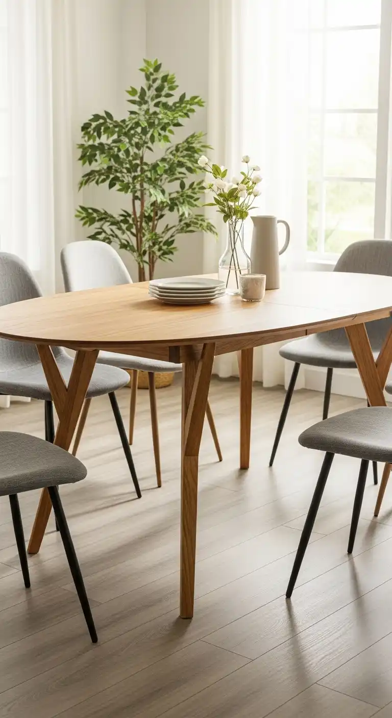 Oval Table with Angled Wood Legs in a Bright Summer Setting