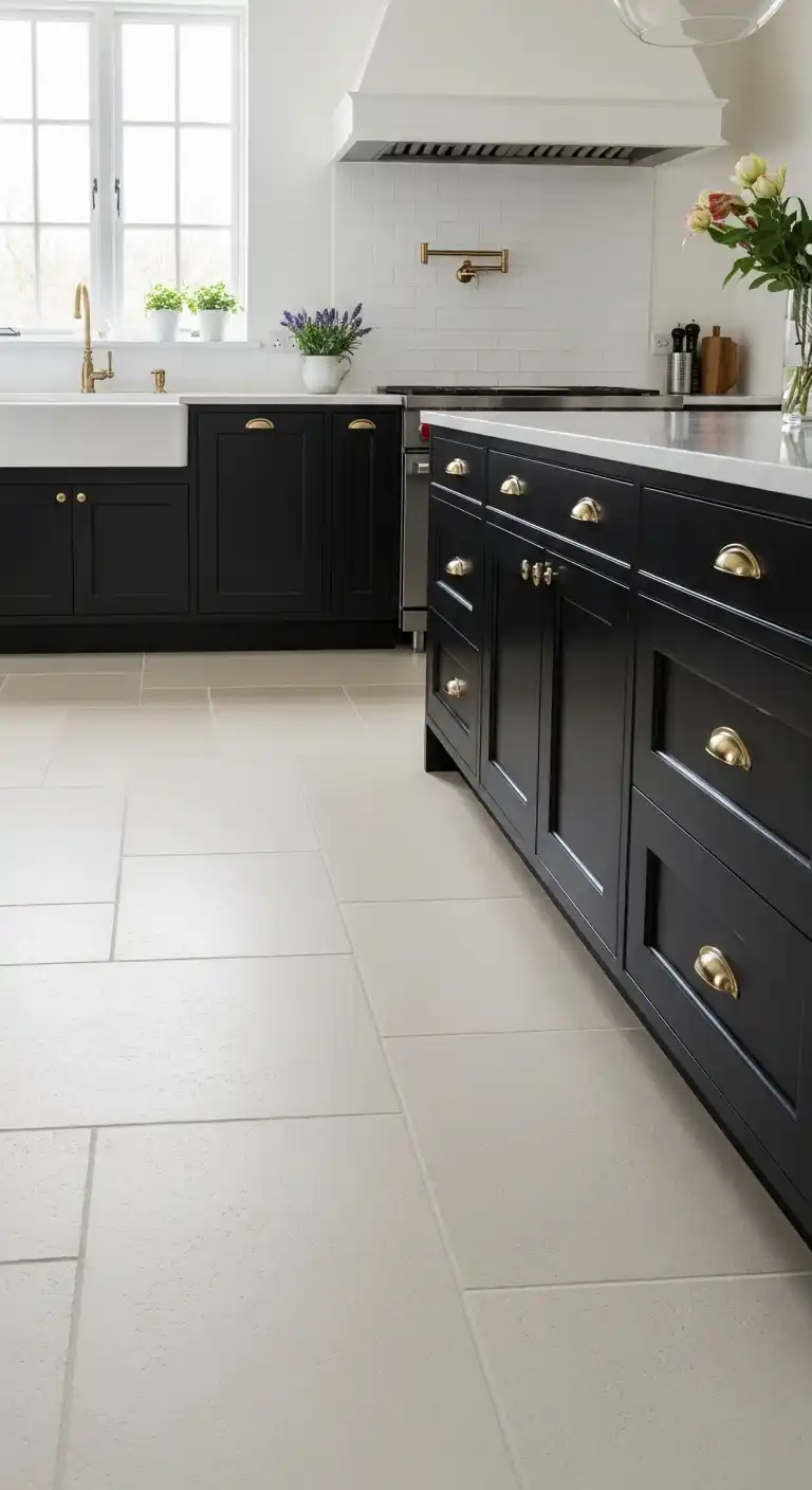17 Elegant Kitchen Limestone Flooring Ideas for a Natural Finish 10 Pairing Limestone with Dark Cabinets