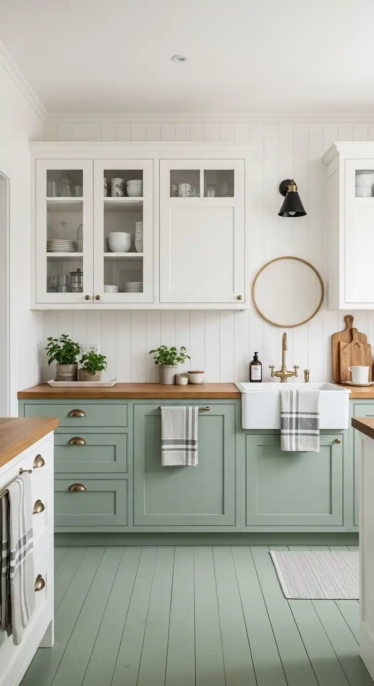 Earthy Neutrals Farmhouse Kitchen Color Scheme: 15 Soothing Palettes 10 Pale Sage and Creamy White