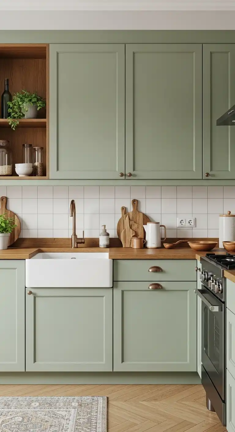 Timeless Style: 18 Evergreen Food Kitchen Cabinet Color Combinations 12 Pistachio Green and Warm Toffee