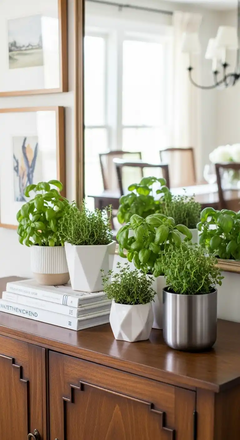 Sideboard Styling with Potted Herbs