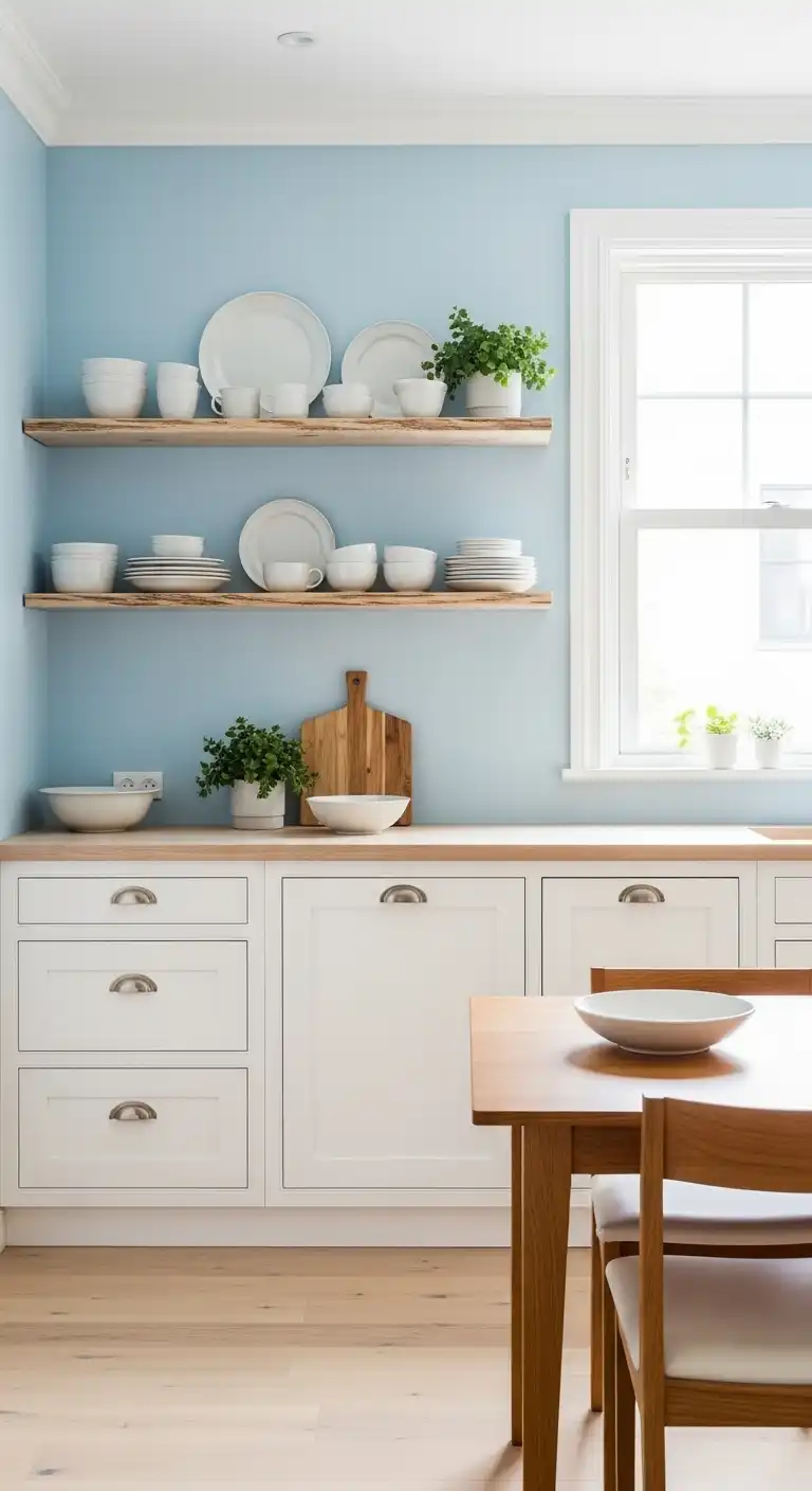 Sky blue painted kitchen walls with crisp white cabinetry